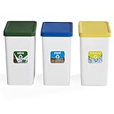 USE FAMILY - Lote 3 Cubos Reciclaje 28L - Reciclaje de Vidrio, Papel y Envases -...